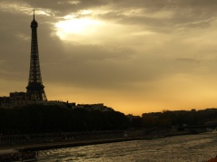 Looking at the Eiffel Tower at dusk from boat tour